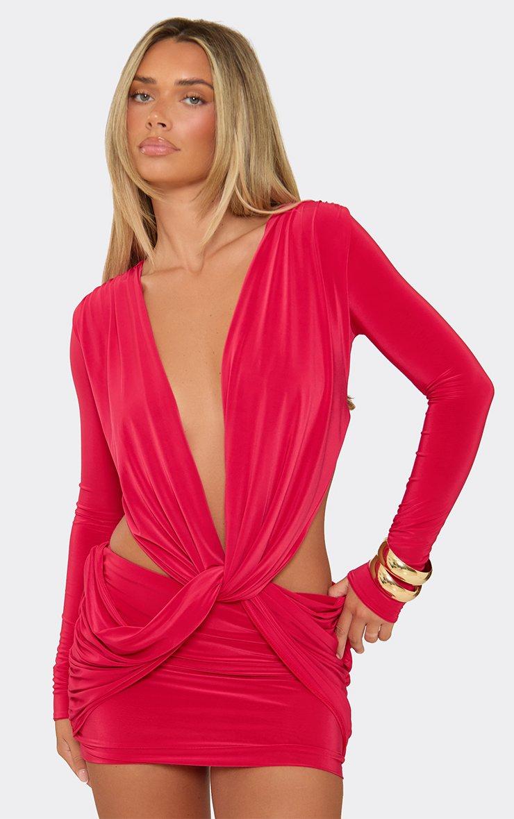 Long Sleeve Extreme Cowl Neck Cut Out Mini Dress In Red Slinky.