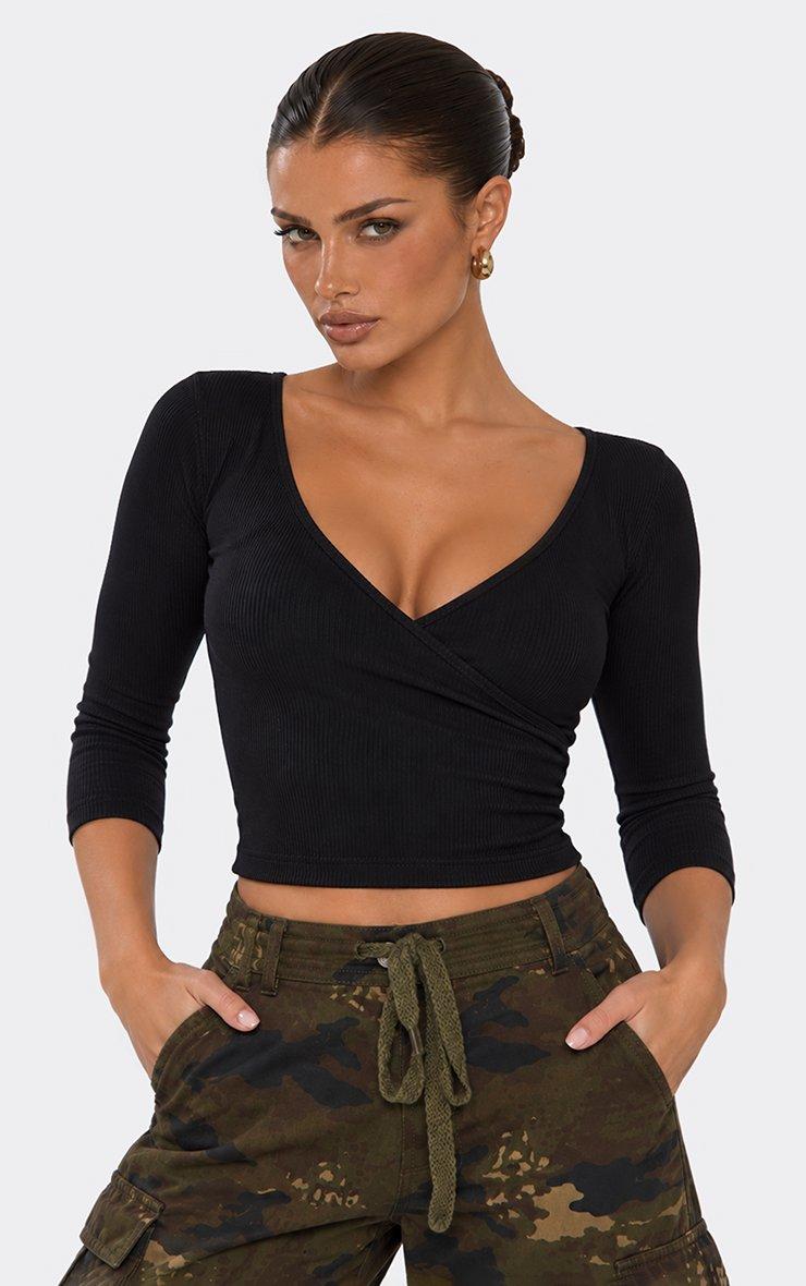 Three Quarter Sleeve Plunge Wrap Front Top In Black Ribbed Cotton
