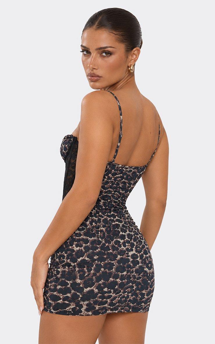 Strappy Contrast Lace Corseted Mini Dress In Multi Leopard Print.