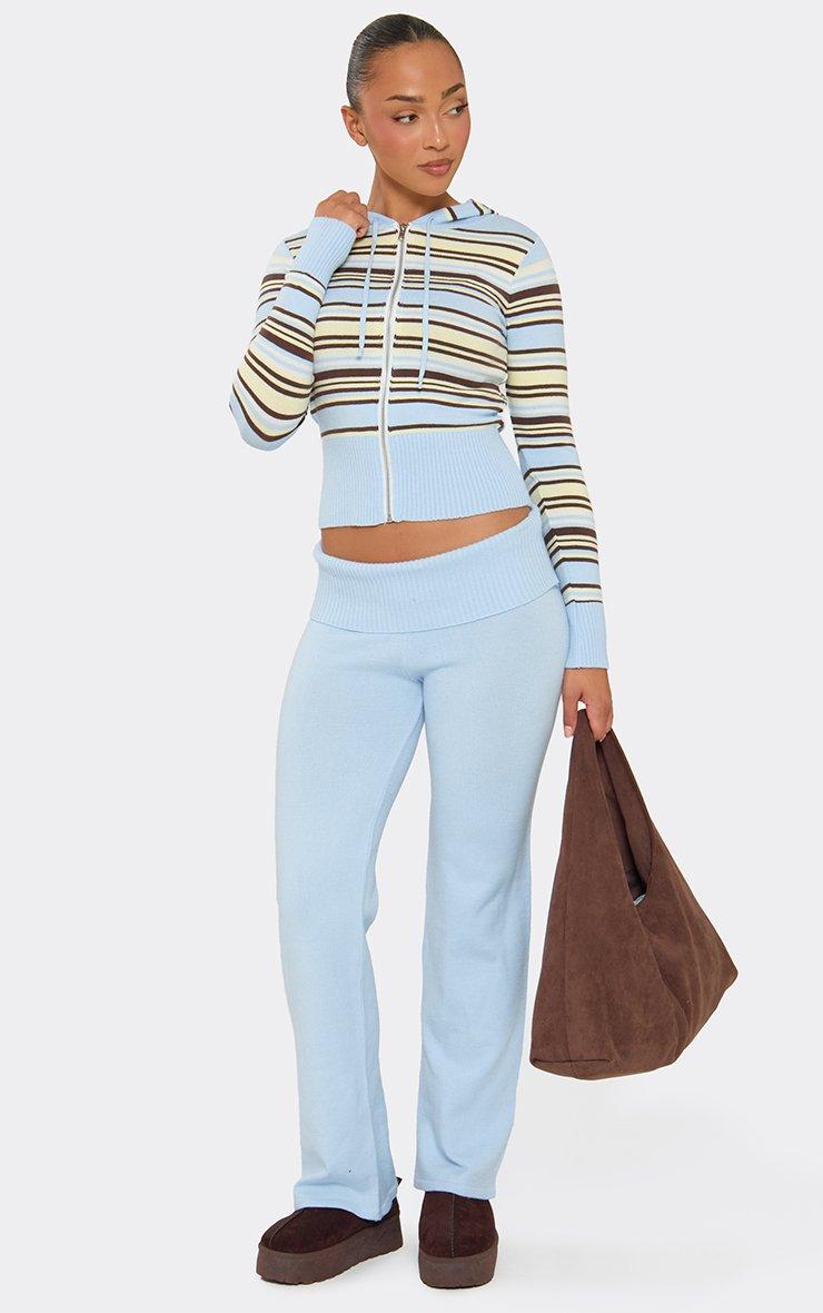 Long Sleeve Ribbed Waistband Zip Up Hoodie In Blue Stripe Knit