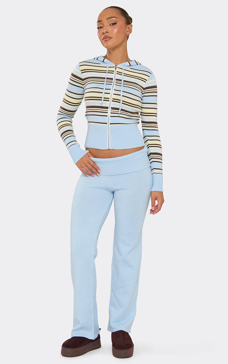 Low Rise Fold Over Ribbed Waistband Straight Leg Trousers In Blue Knit