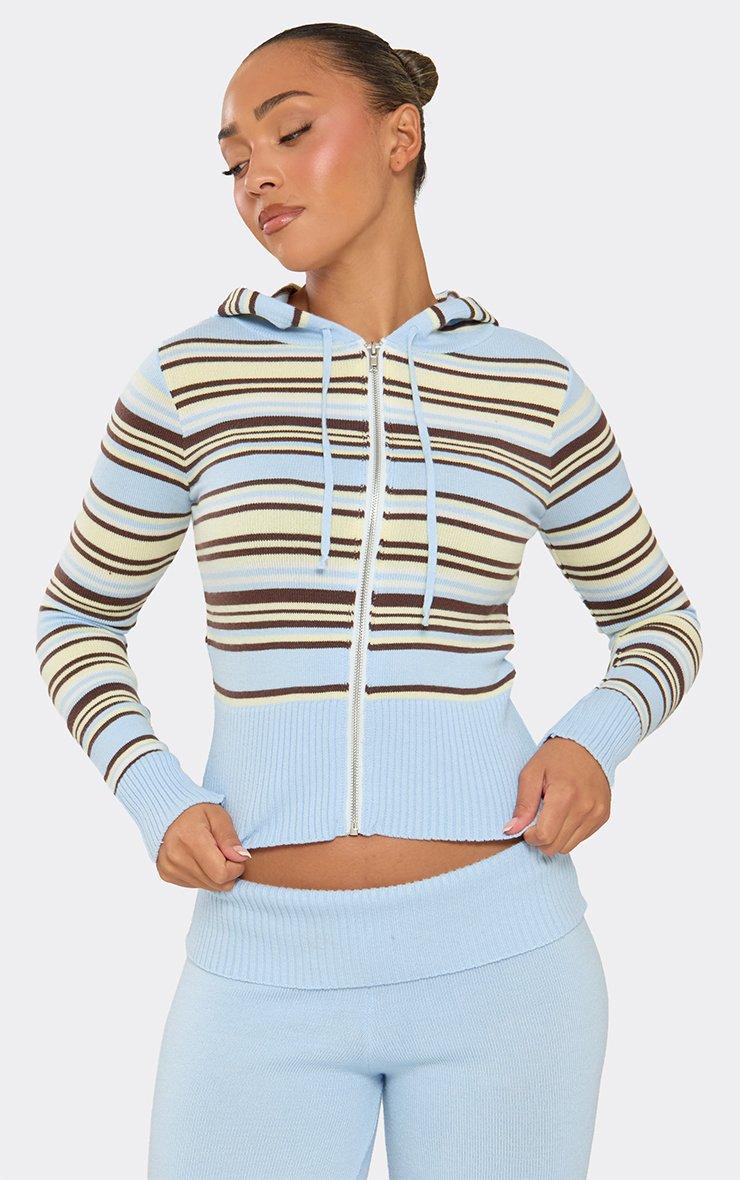 Long Sleeve Ribbed Waistband Zip Up Hoodie In Blue Stripe Knit