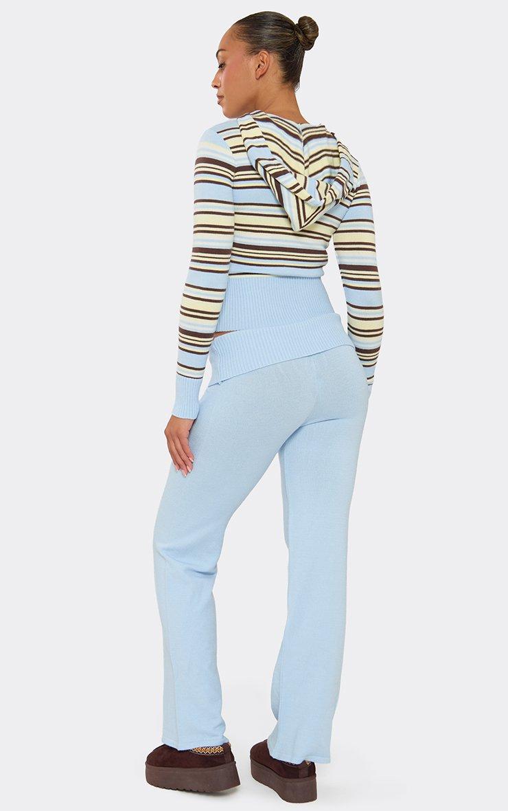 Low Rise Fold Over Ribbed Waistband Straight Leg Trousers In Blue Knit