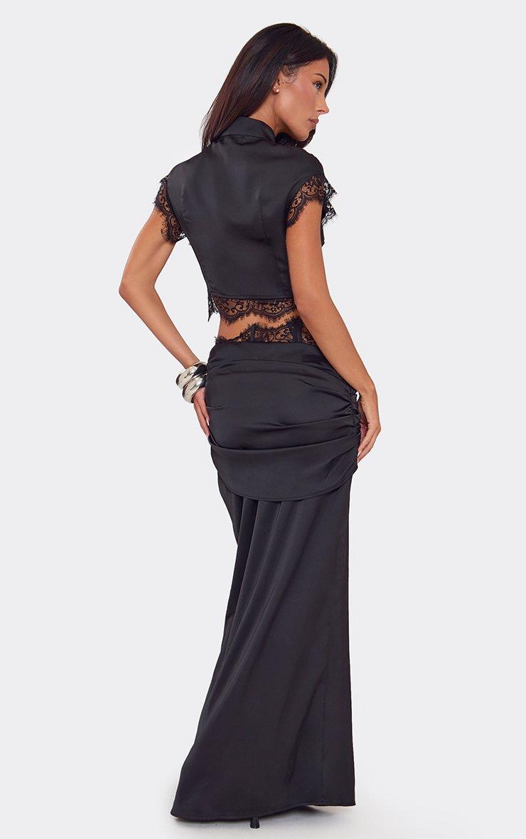 Mid Rise Contrast Lace Trim Ruched Waist Maxi Skirt In Black Satin