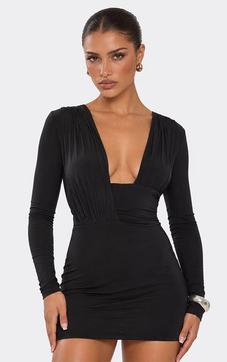 Long Sleeve Plunge Wrap Front Detail Mini Dress In Black Slinky.