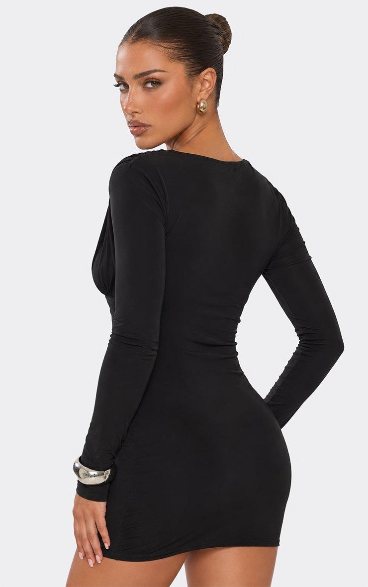 Long Sleeve Plunge Wrap Front Detail Mini Dress In Black Slinky.