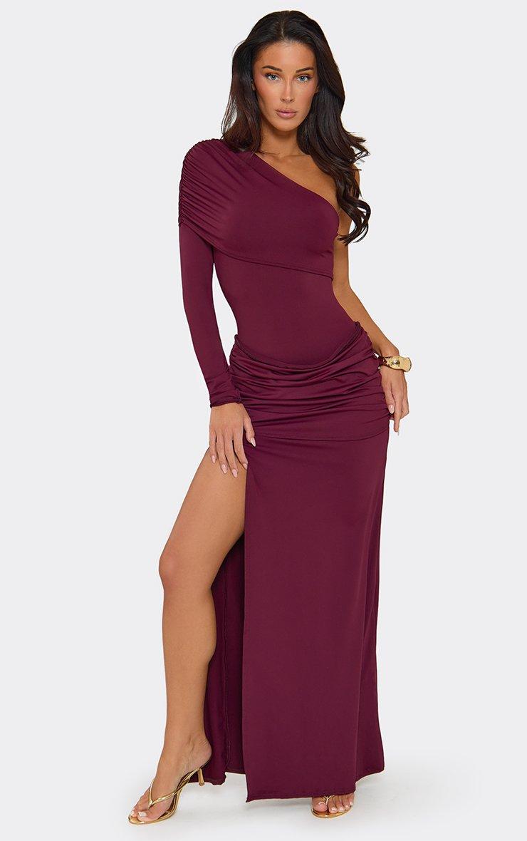 One Shoulder Fold Over Drape Waist Panel Detail Split Leg Maxi Dress In Burgundy