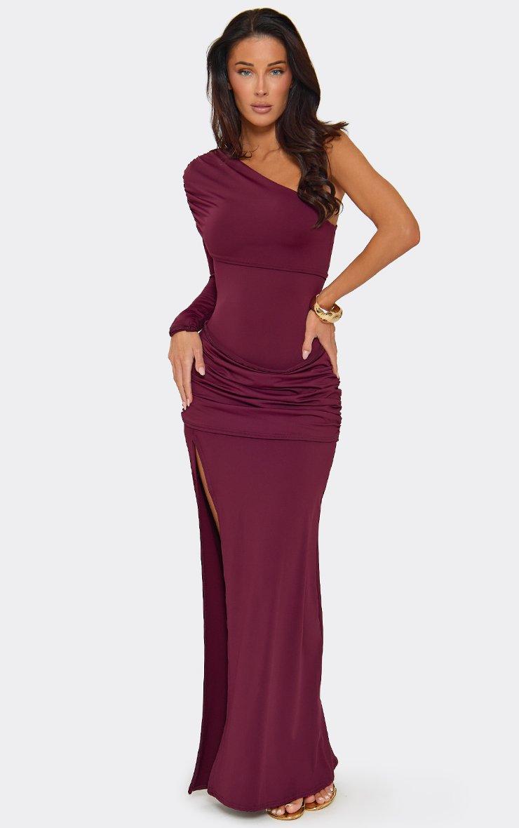 One Shoulder Fold Over Drape Waist Panel Detail Split Leg Maxi Dress In Burgundy