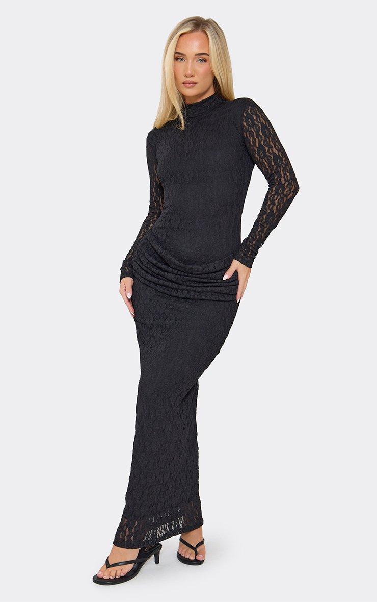 Long Sleeve Drape Front Open Back Maxi Dress In Black Lace