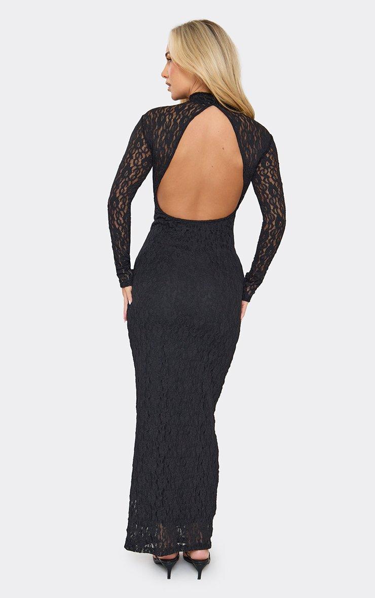 Long Sleeve Drape Front Open Back Maxi Dress In Black Lace