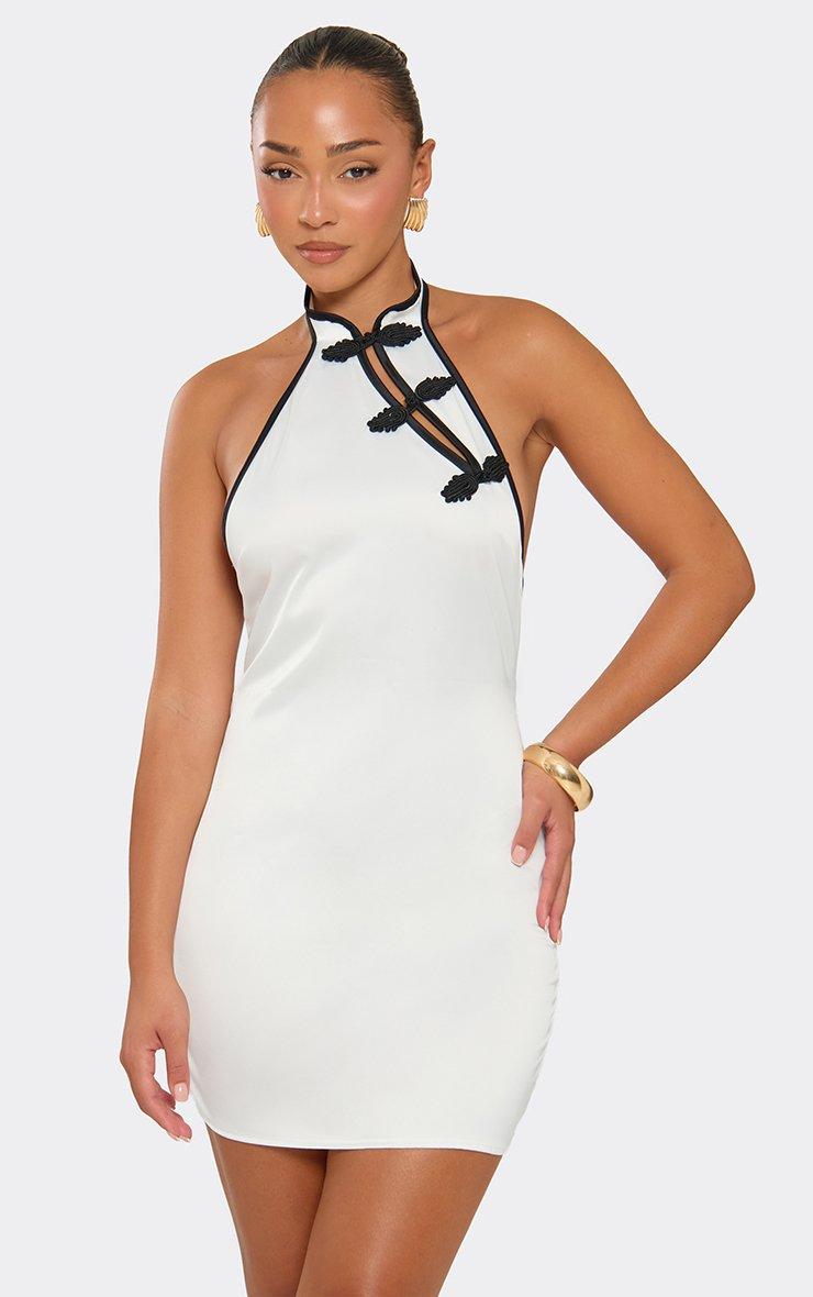 High Neck Contrast Trim Detail Open Tie Back Mini Dress In White Satin.