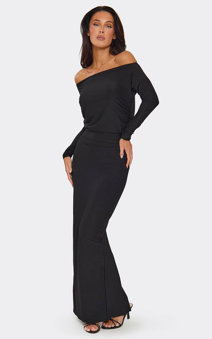 Long Sleeve Off The Shoulder Ruched Maxi Dress In Black