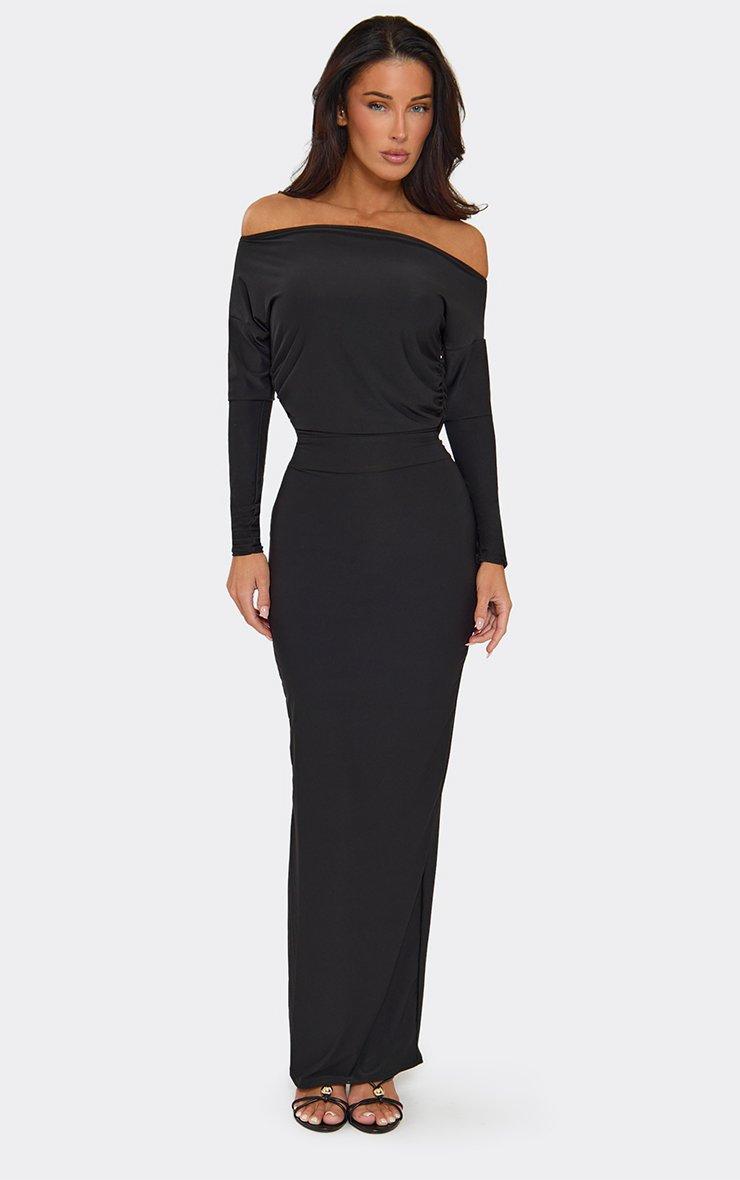 Long Sleeve Off The Shoulder Ruched Maxi Dress In Black