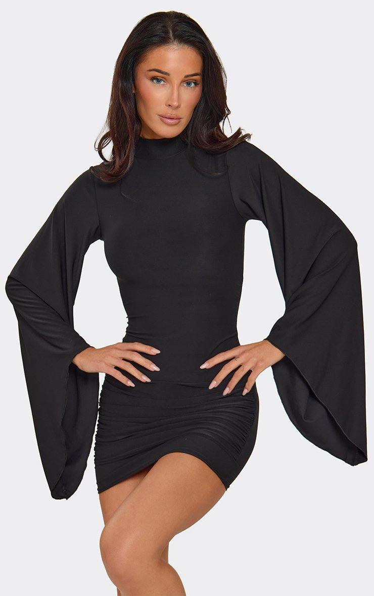 Long Flared Sleeve High Neck Ruched Mini Dress In Black Slinky