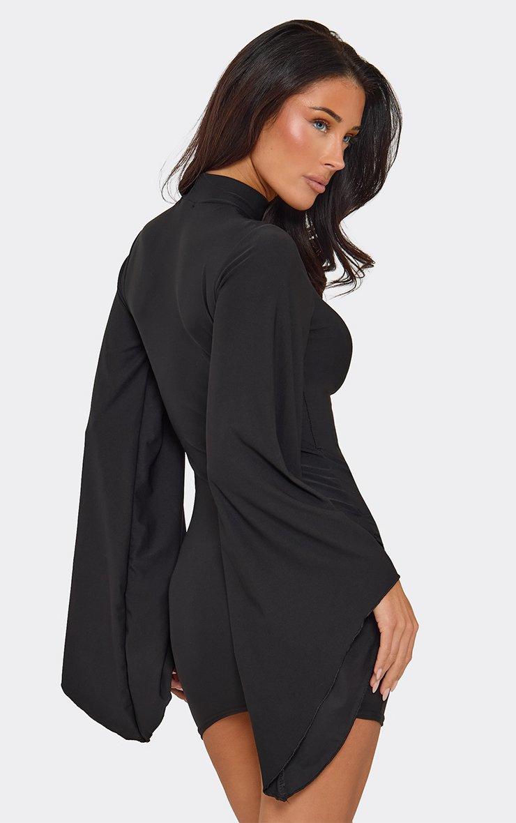 Long Flared Sleeve High Neck Ruched Mini Dress In Black Slinky