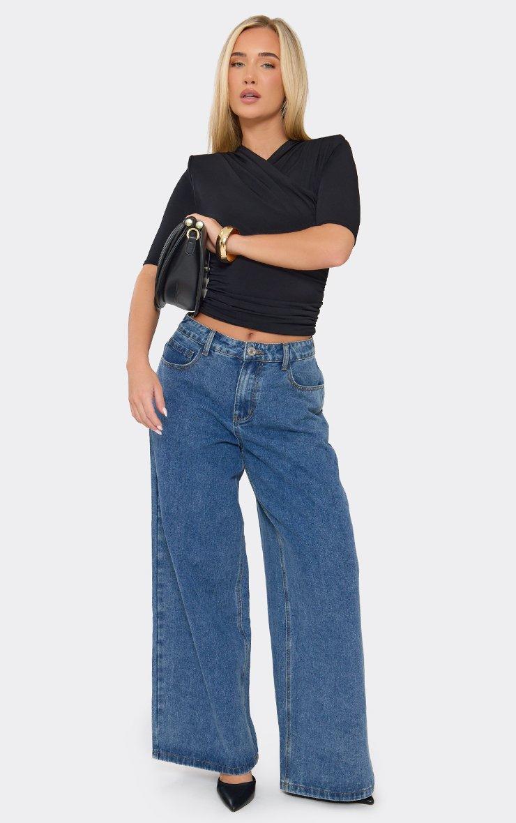 Short Sleeve Cross Over Front Shoulder Padded Top In Black