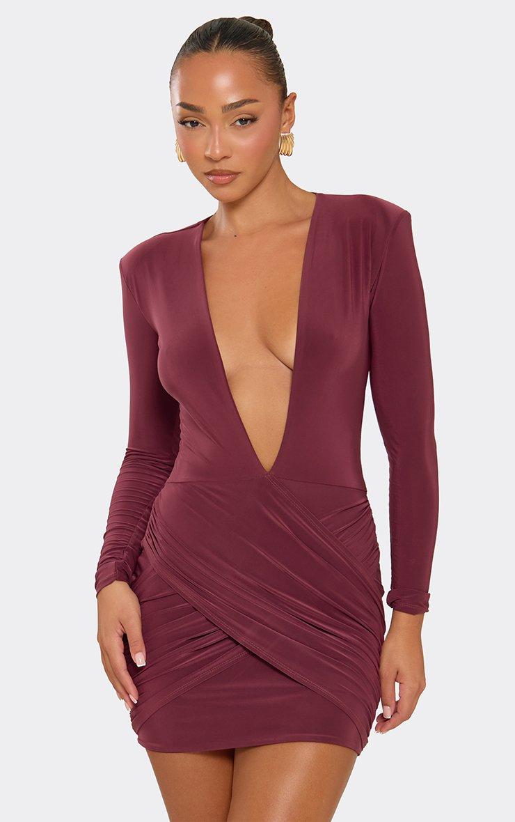 Long Sleeve Plunge Wrap Front Shoulder Padded Mini Dress In Fig. Slinky