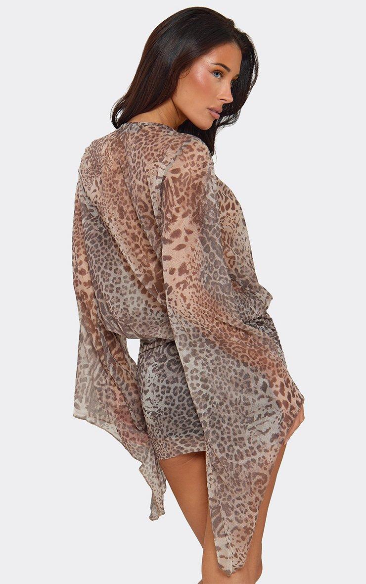 Long Flared Sleeve Plunge Front Blouson Mini Dress In Grey Animal Print