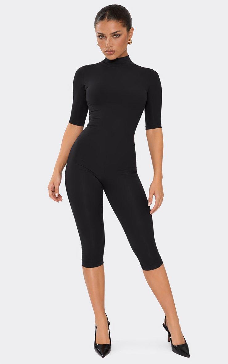 Three Quarter Sleeve High Neck Capri Jumpsuit In Black