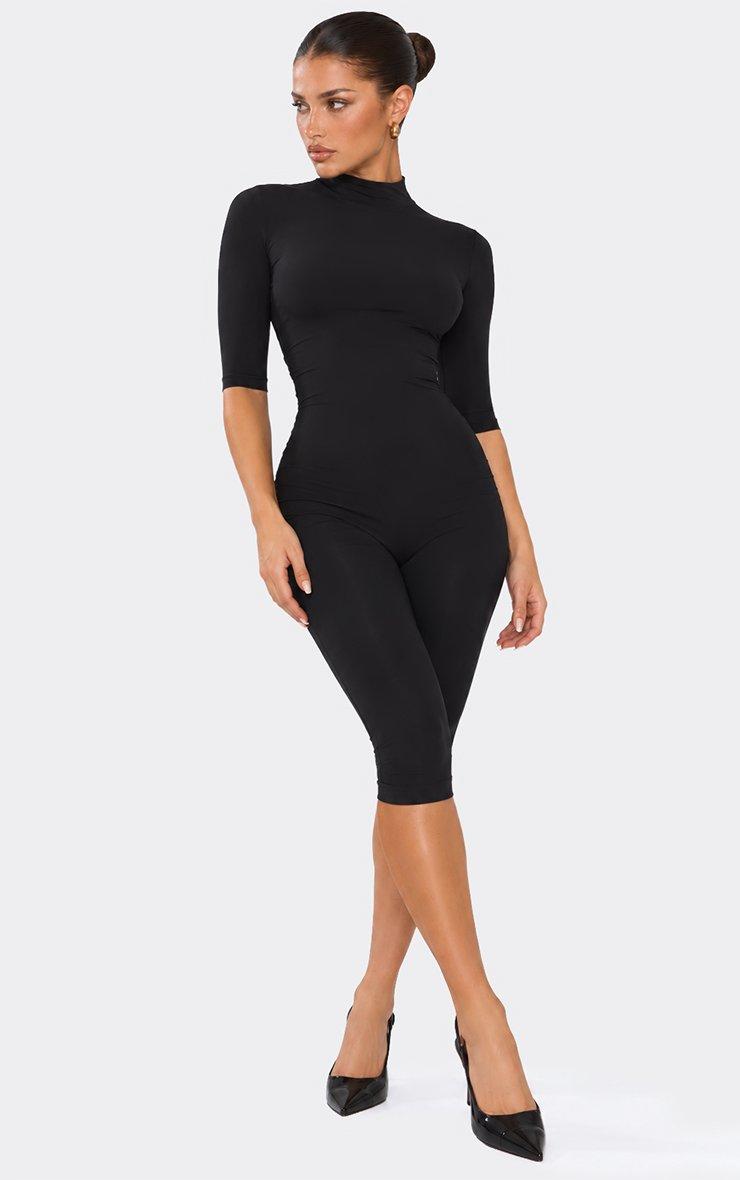 Three Quarter Sleeve High Neck Capri Jumpsuit In Black