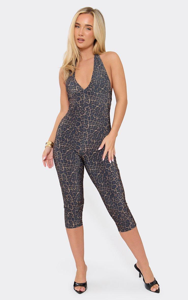 Halterneck Plunge Front Capri Jumpsuit In Multi Leopard Print