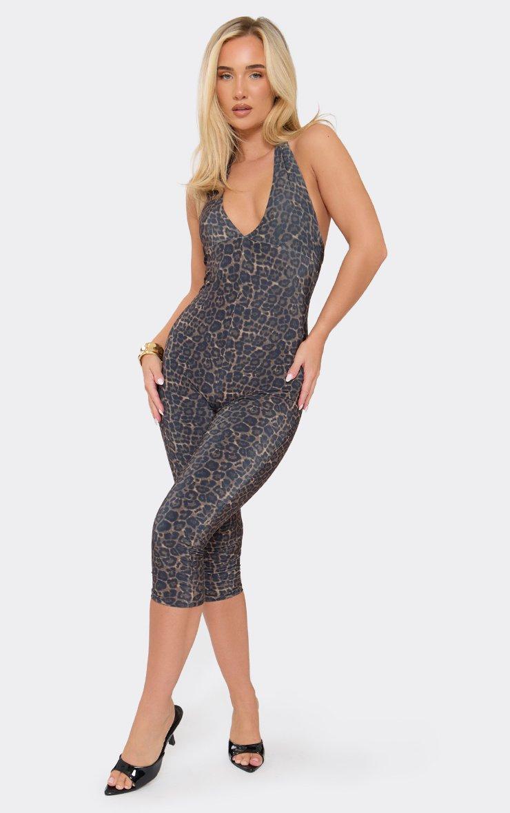 Halterneck Plunge Front Capri Jumpsuit In Multi Leopard Print