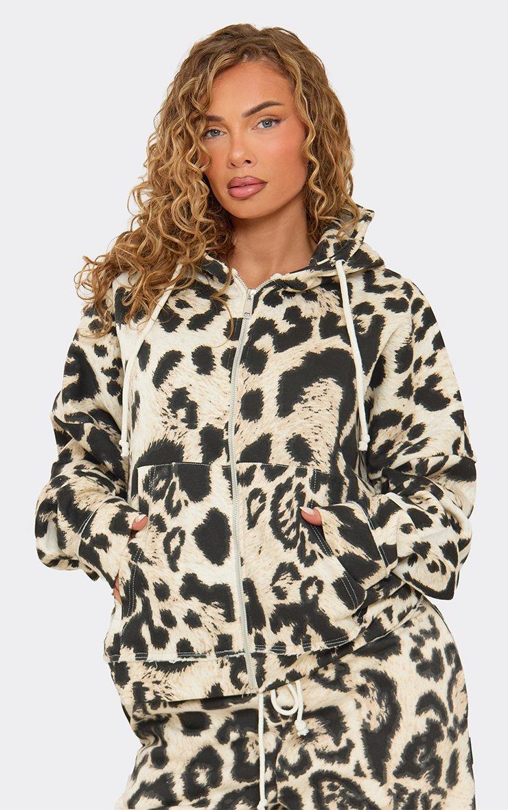 Long Sleeve Oversized Zip Up Hoodie In Leopard Print