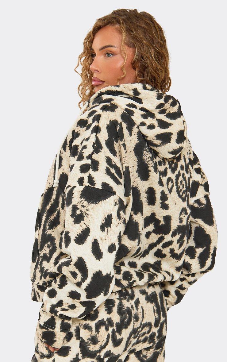 Long Sleeve Oversized Zip Up Hoodie In Leopard Print