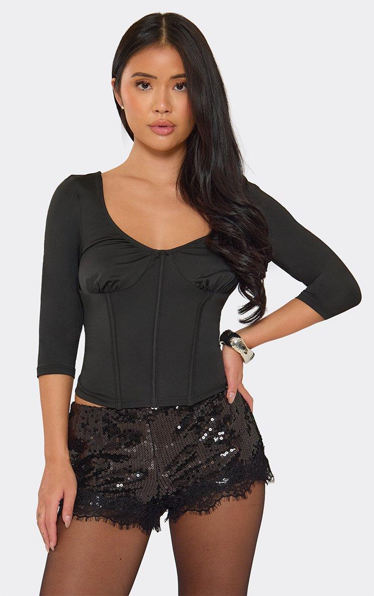 Low Waist Lace Trim Mini Shorts In Black Sequin