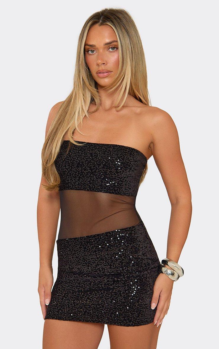 Bandeau Contrast Sequin Panel Mini Dress In Black Mesh
