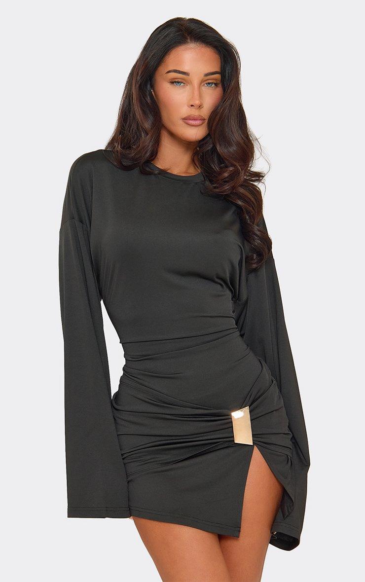 Long Sleeve Trim Detail Split Leg Mini Dress In Black.