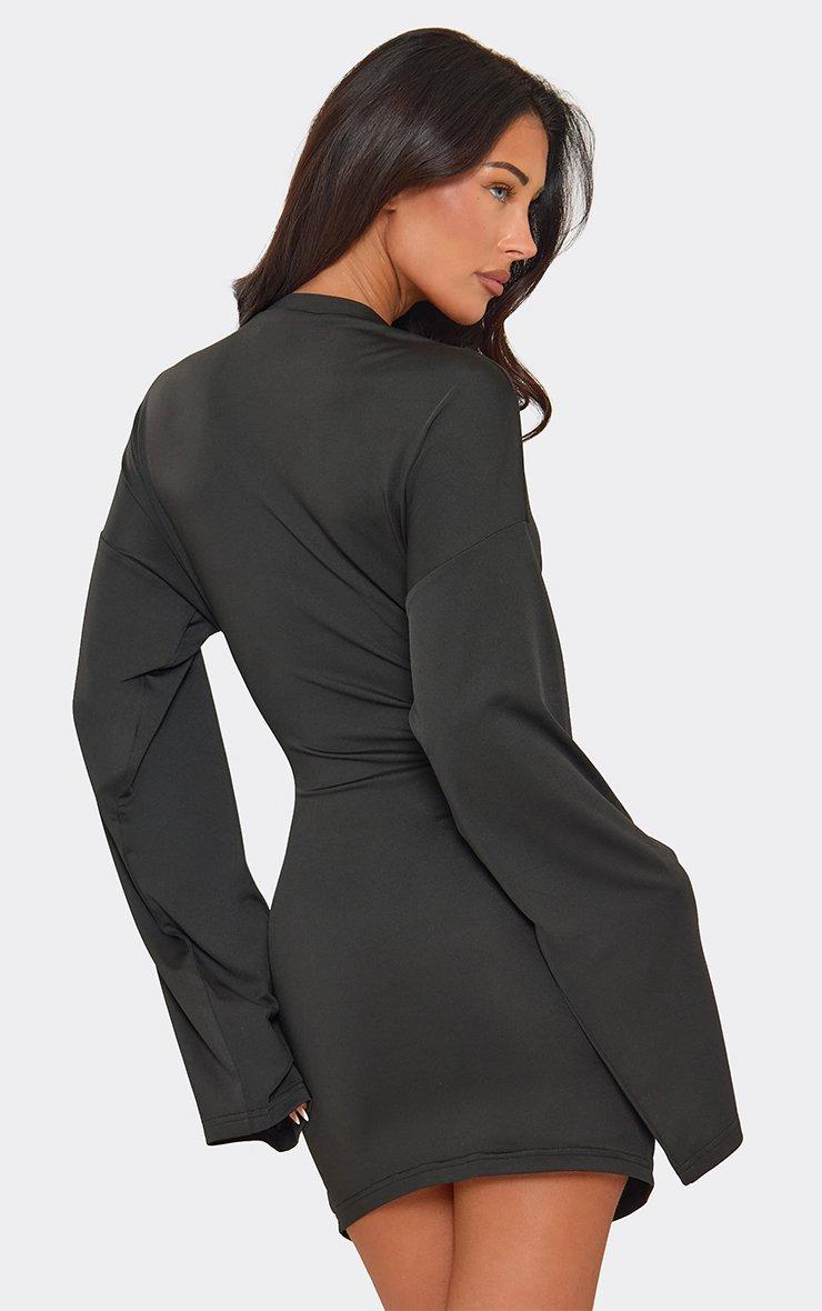 Long Sleeve Trim Detail Split Leg Mini Dress In Black.