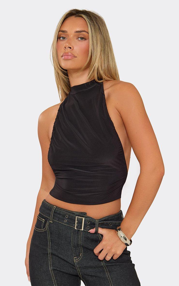 High Neck Strappy Open Back Top In Black Slinky.