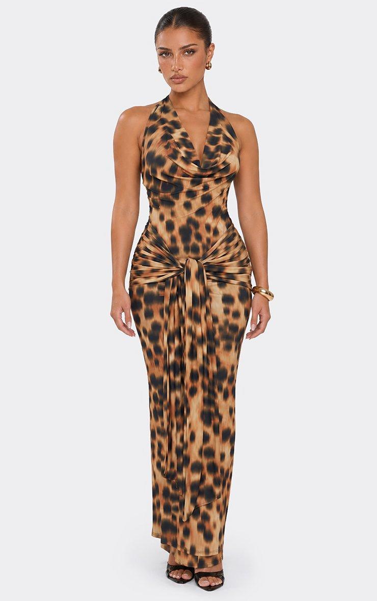 Cowl Neck Tie Drape Front Maxi Dress In Brown Leopard Print.