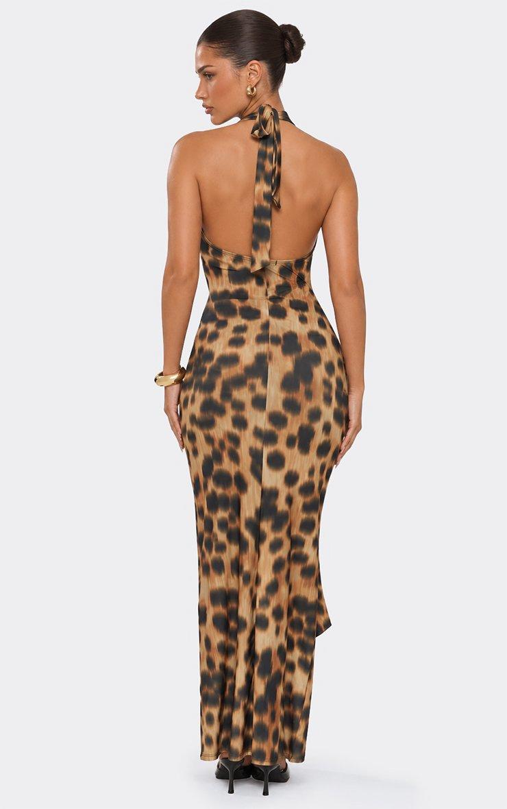 Cowl Neck Tie Drape Front Maxi Dress In Brown Leopard Print.