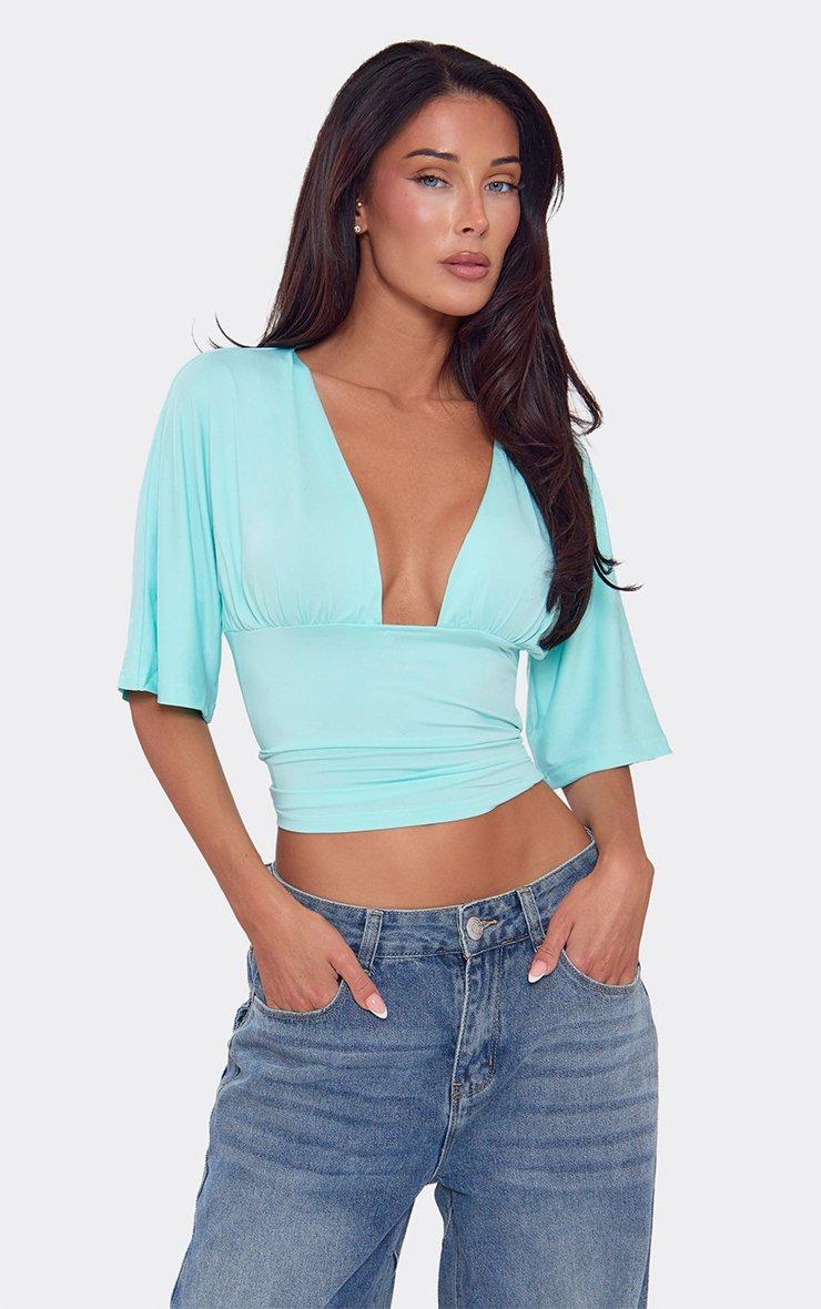 Plunge Front Cinched Waist Top In Aqua