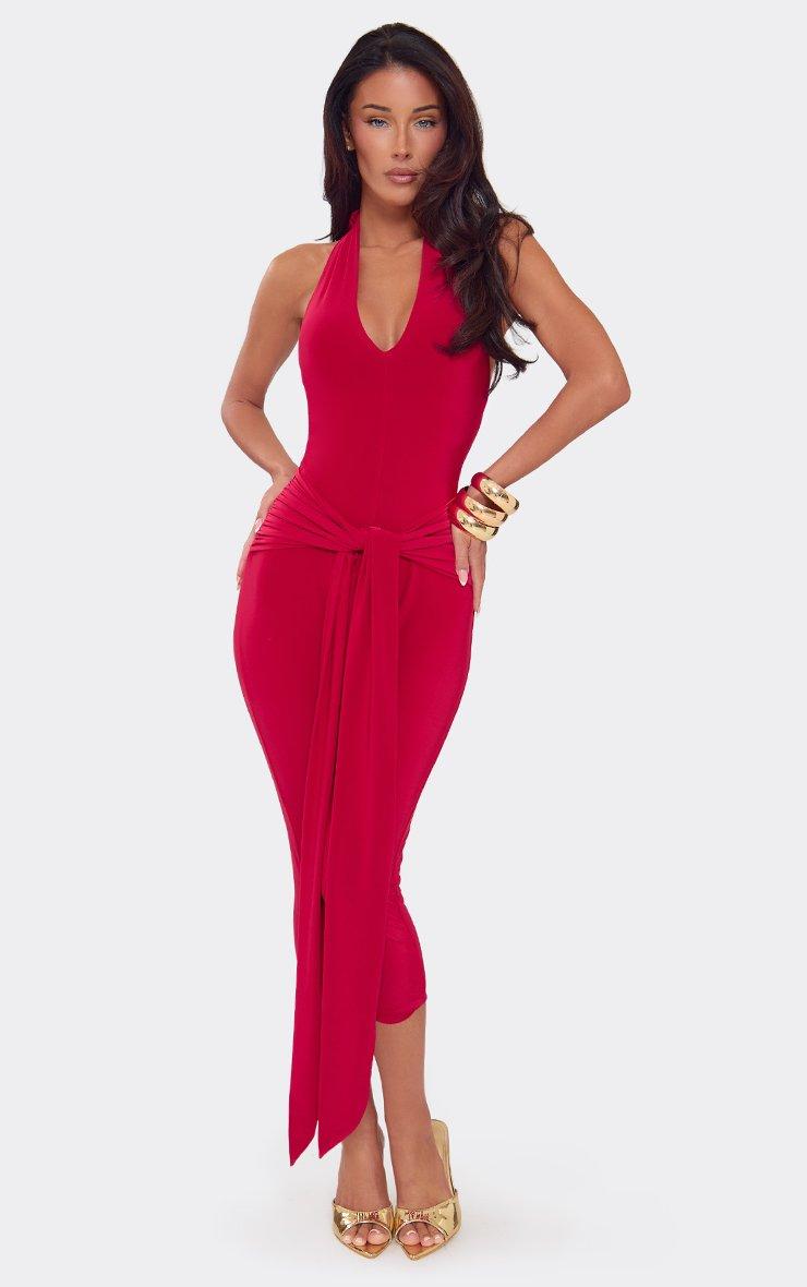 Halterneck Plunge Front Tie Drape Detail Capri Jumpsuit In Red Slinky