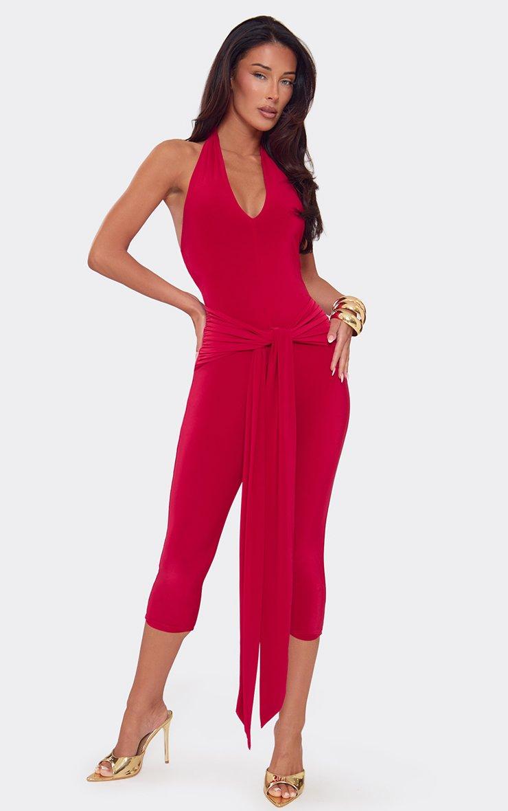 Halterneck Plunge Front Tie Drape Detail Capri Jumpsuit In Red Slinky