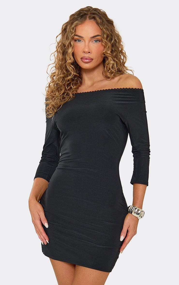 Three Quarter Sleeve Bardot Trim Detail Fitted Mini Dress In Black