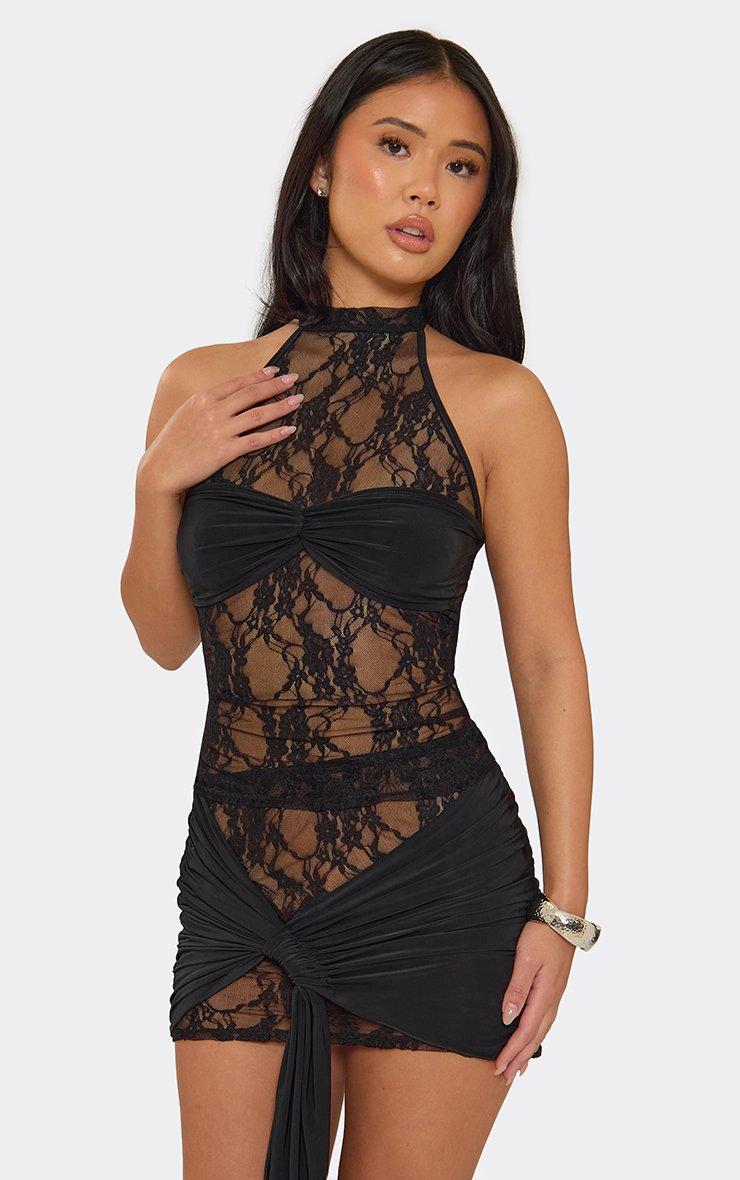Mid Rise Contrast Drape Wrap Front Mini Skirt In Black Lace.