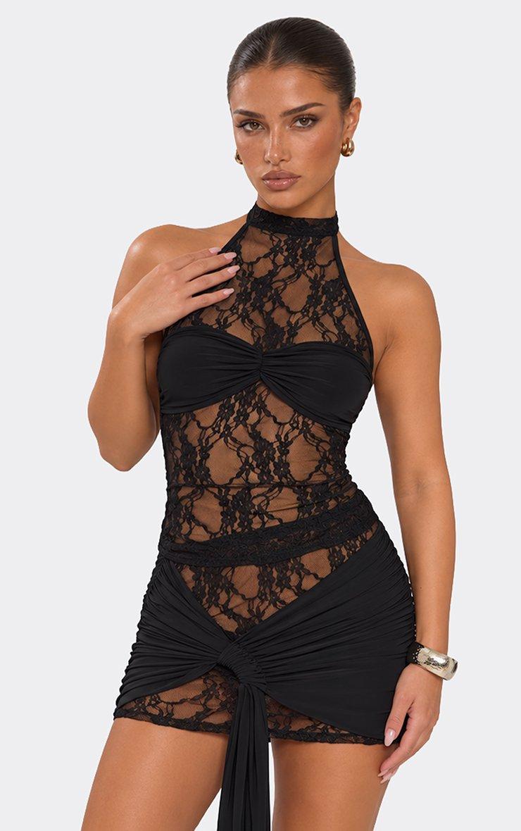 High Neck Contrast Bust Panel Top In Black Sheer Lace