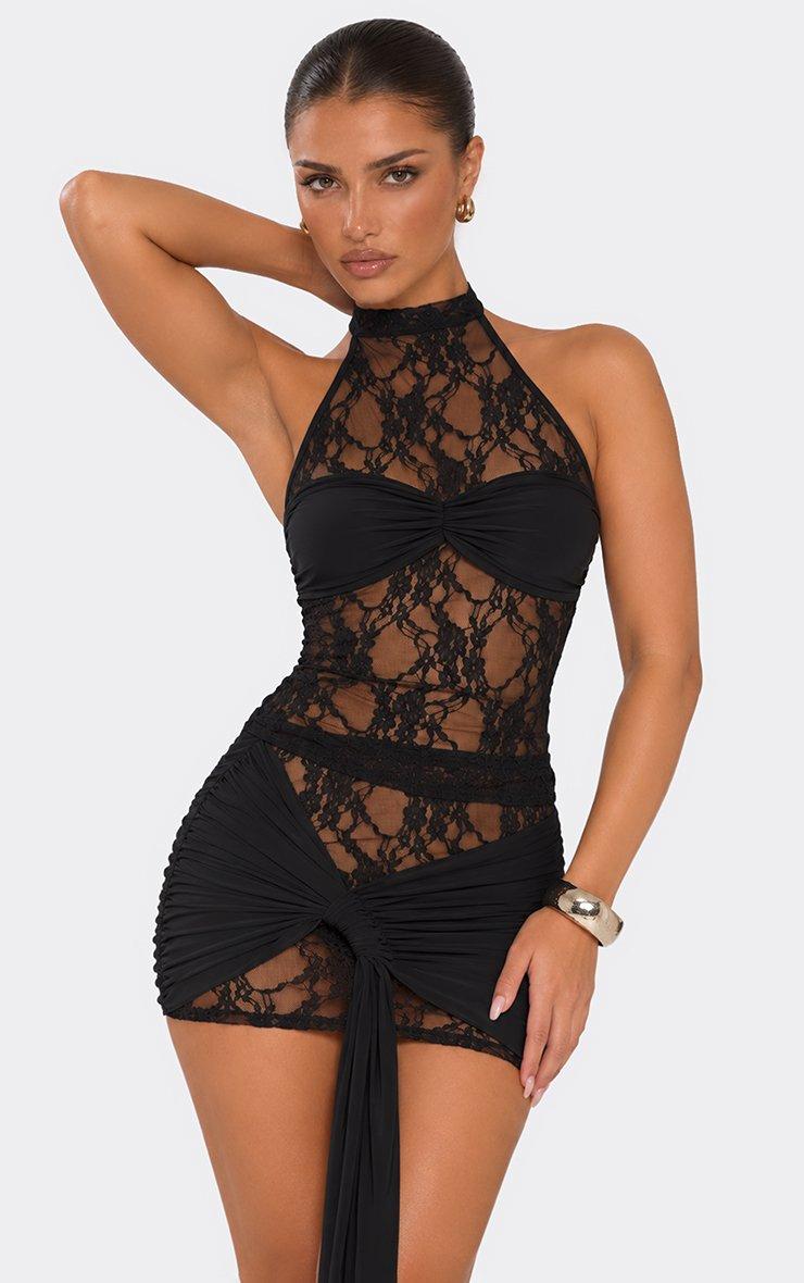 High Neck Contrast Bust Panel Top In Black Sheer Lace