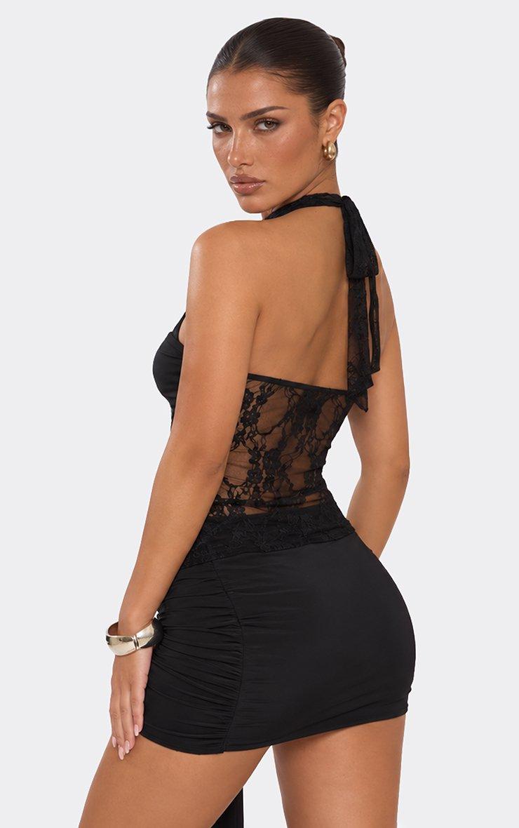 Mid Rise Contrast Drape Wrap Front Mini Skirt In Black Lace