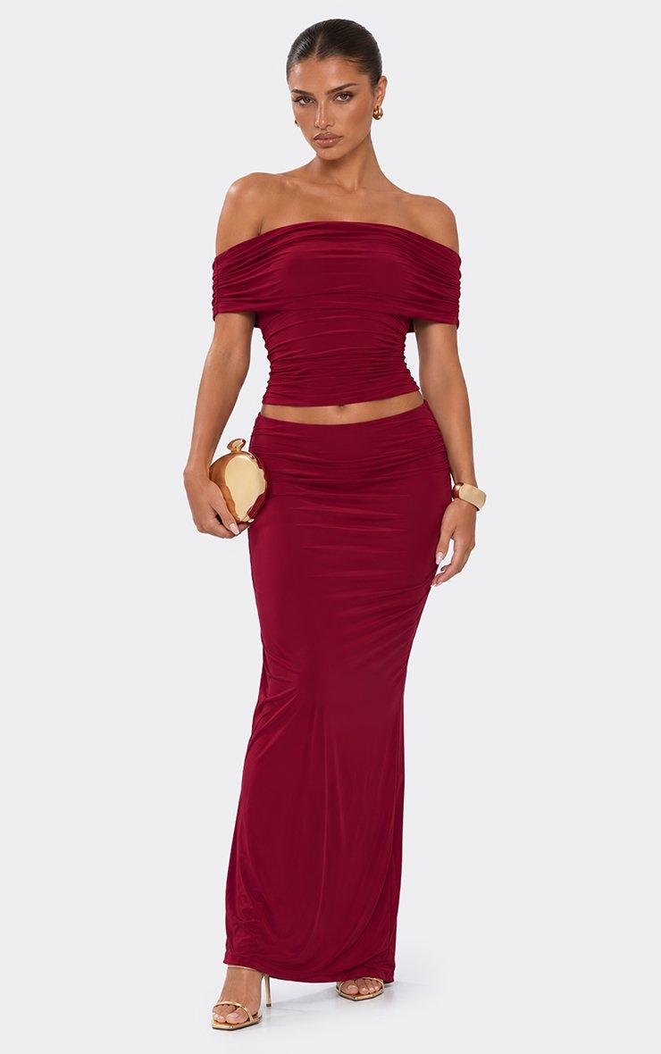 Low Rise Maxi Skirt In Burgundy Slinky.