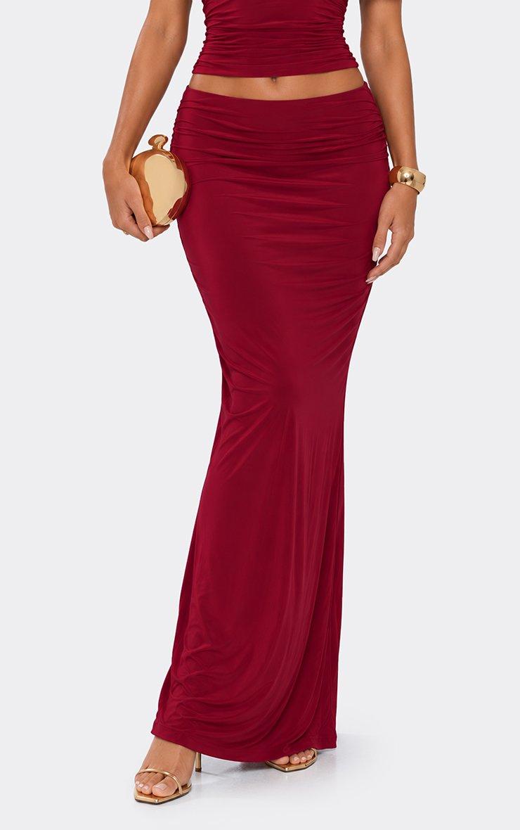 Low Rise Maxi Skirt In Burgundy Slinky.