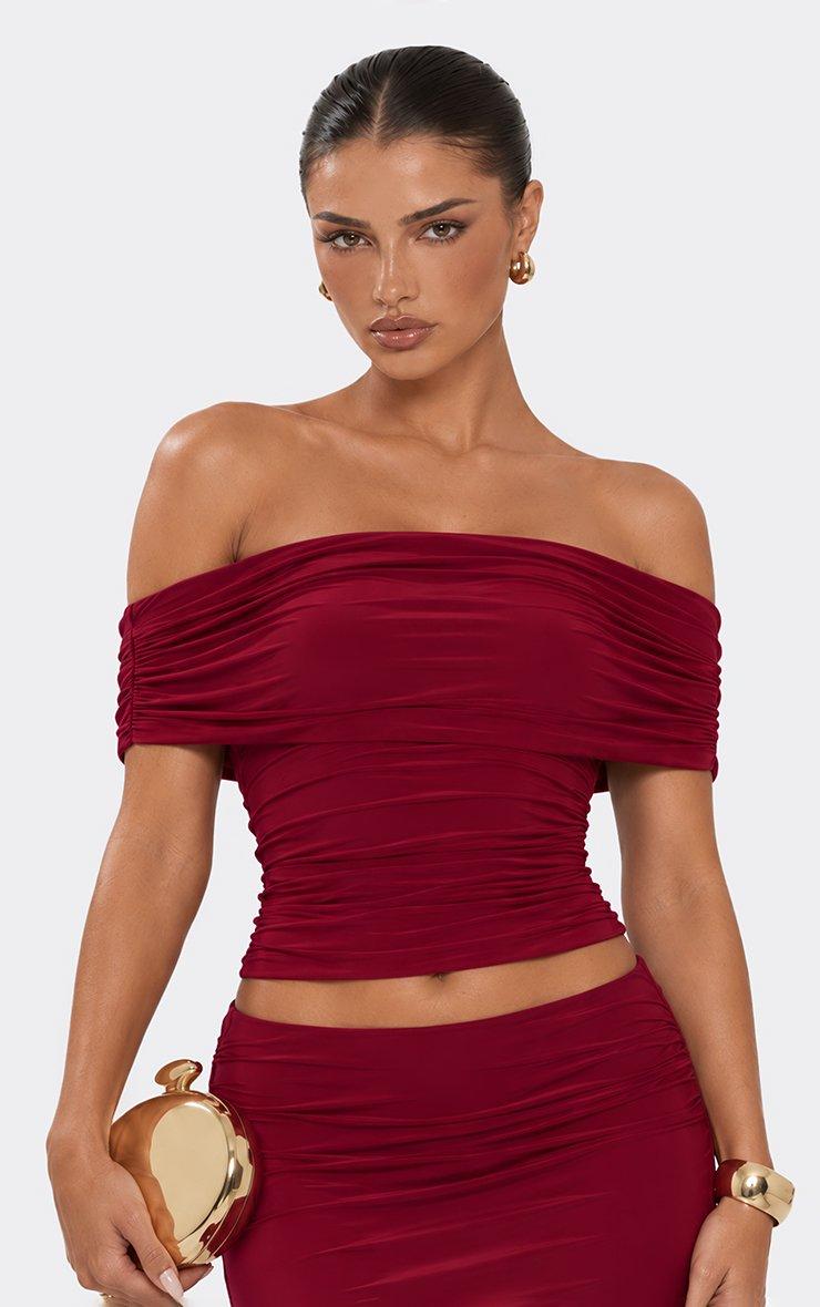 Off The Shoulder Bardot Top In Burgundy Slinky.