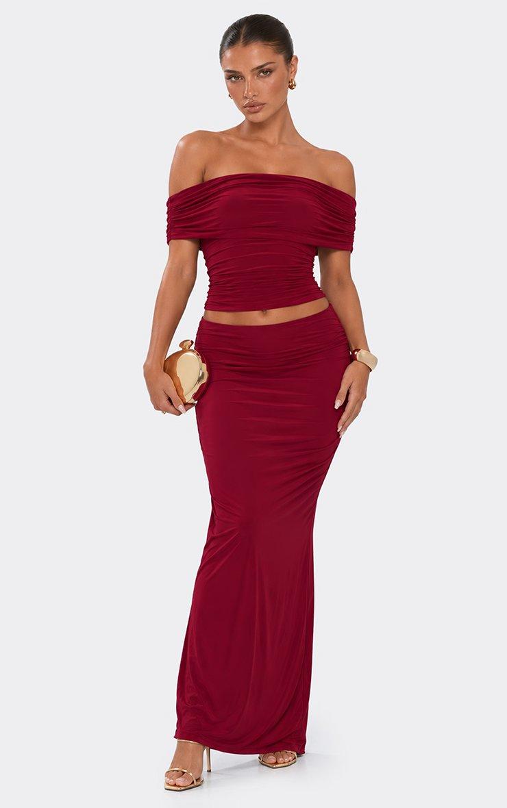 Off The Shoulder Bardot Top In Burgundy Slinky.