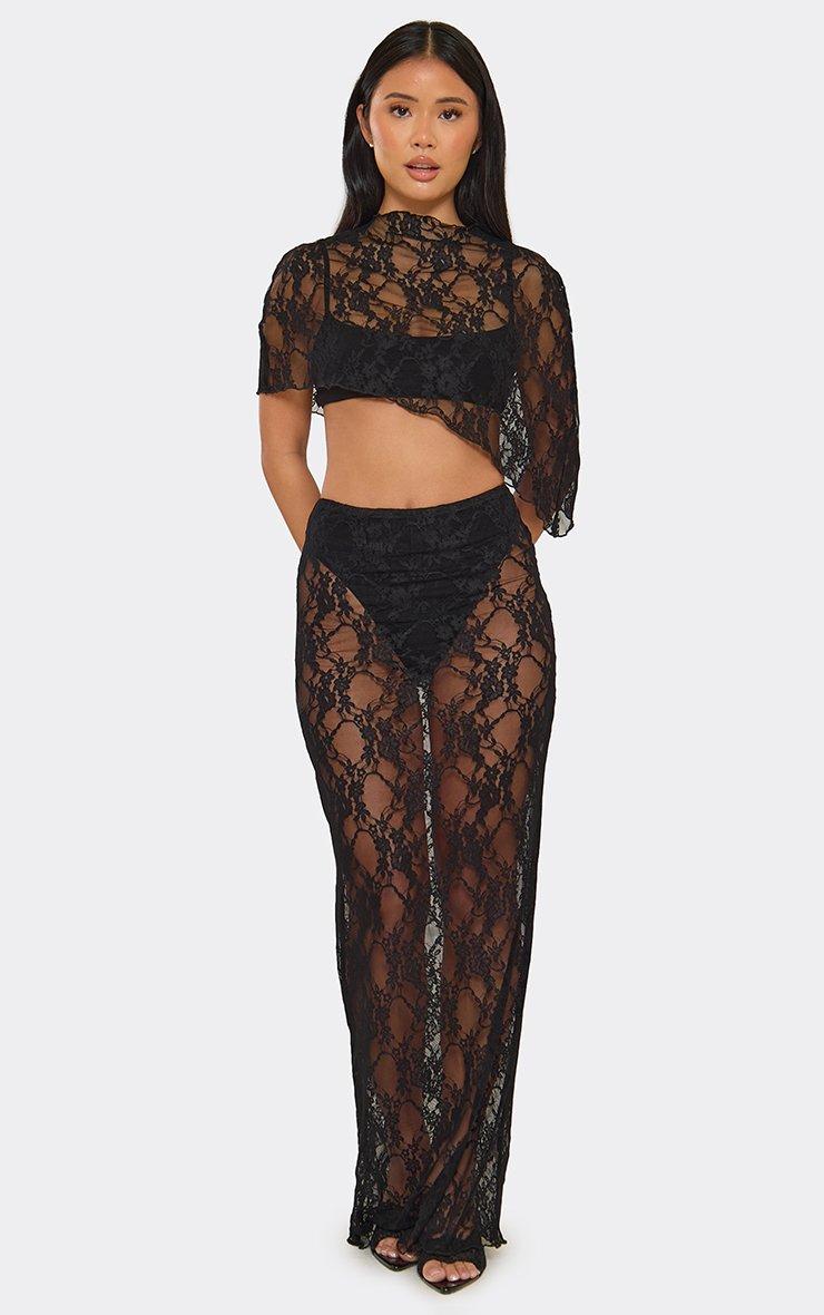 Mid Rise Short Insert Maxi Skirt In Black Lace.