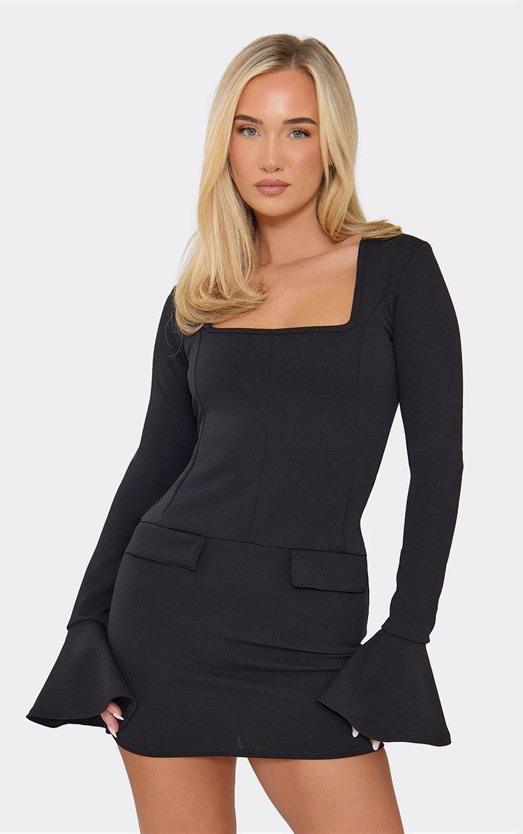Long Bell Sleeve Square Neck Mini Dress In Black