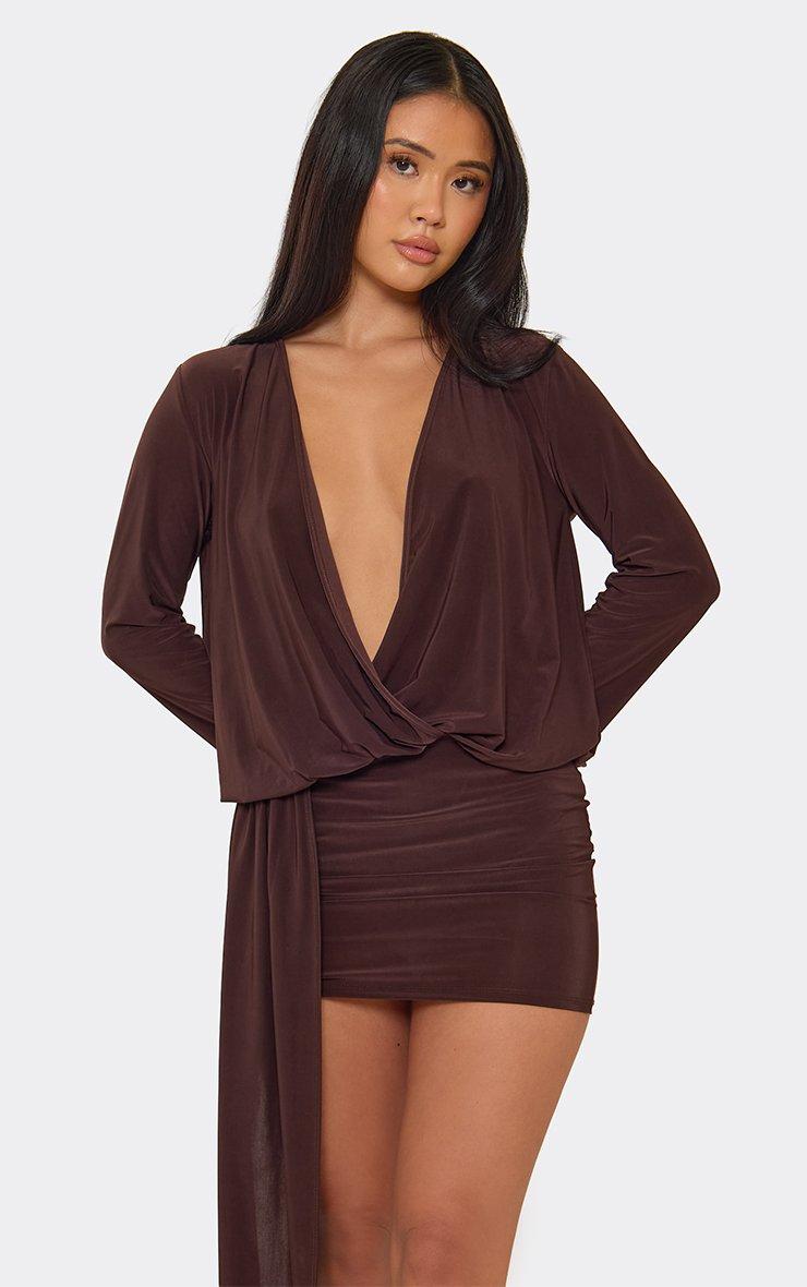 Long Sleeve Plunge Drape Front Blouson Mini Dress In Chocolate Brown Slinky.